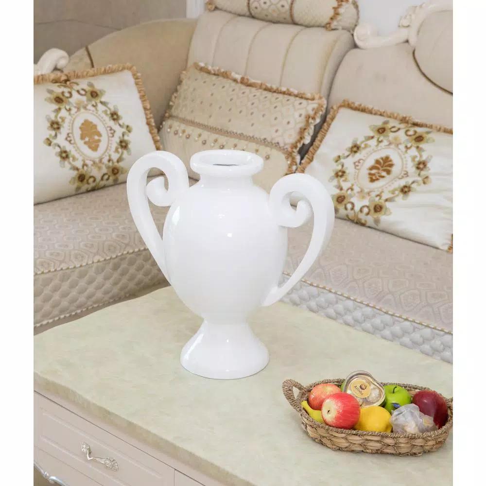 Uniquewise 20 in. White Gloss Amphora Style Modern Fiberglass Centerpiece Vase