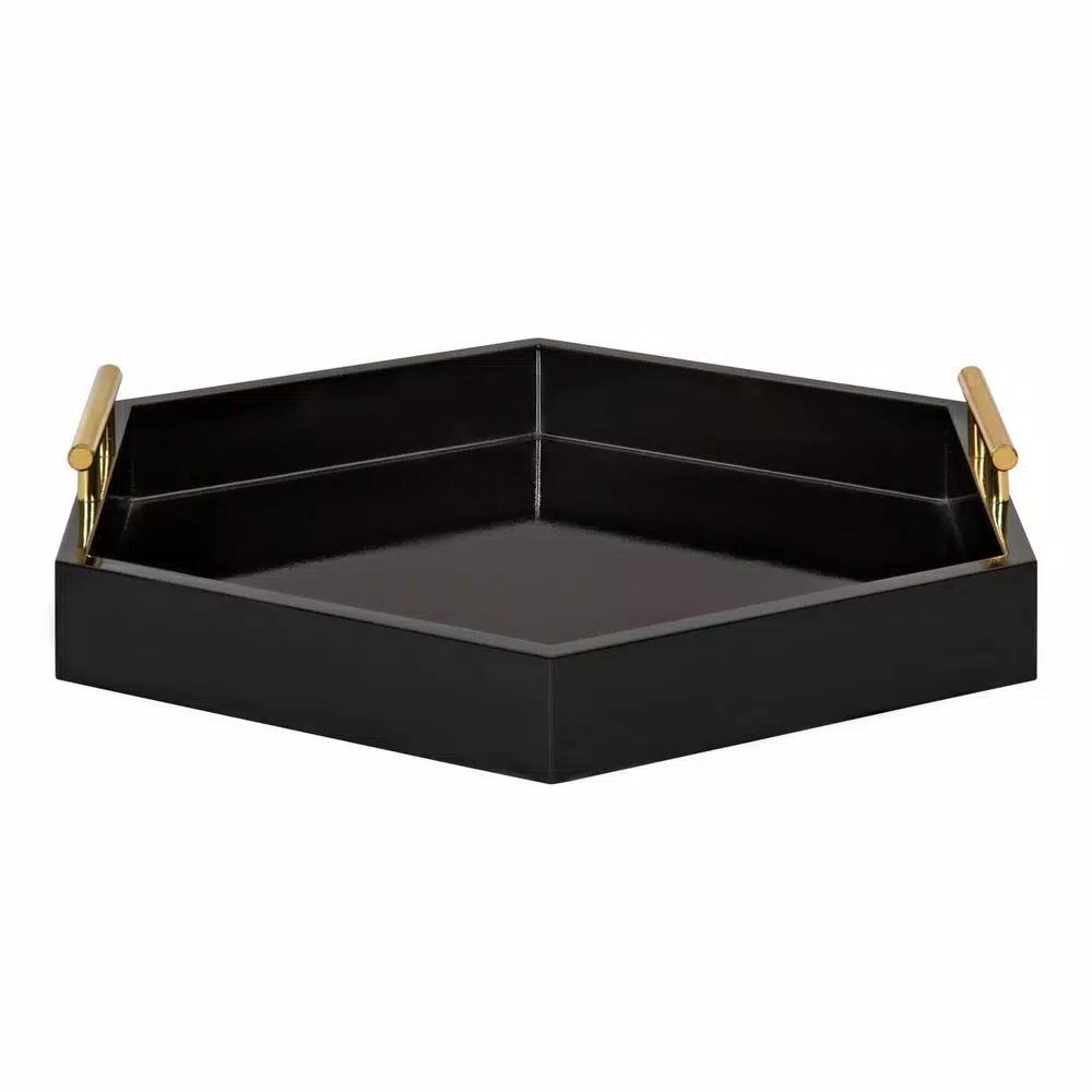 Kate and Laurel Lipton 18 in. Black and Gold Hexagon Decorative Serving Tray with Metal Handles