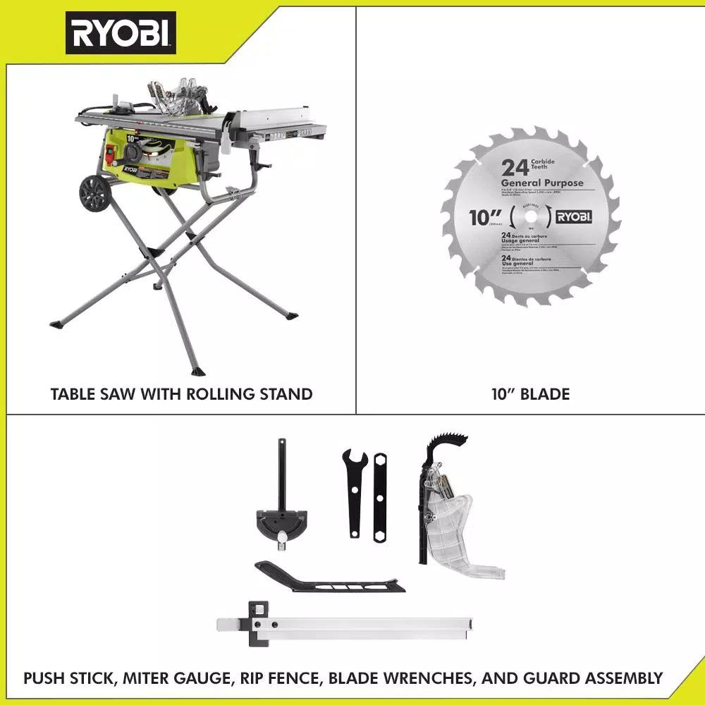 RYOBI 10 in. 15 Amp Expanded Capacity Table Saw with Rolling Folding Stand