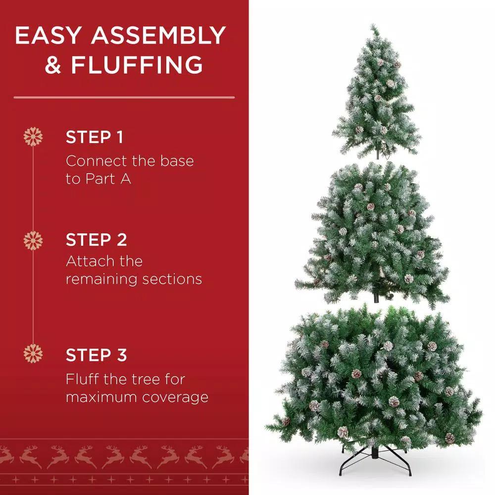 Best Choice Products 9 ft. Pre-Lit Flocked Artificial Christmas Tree with 850 Warm White Lights and Pinecones