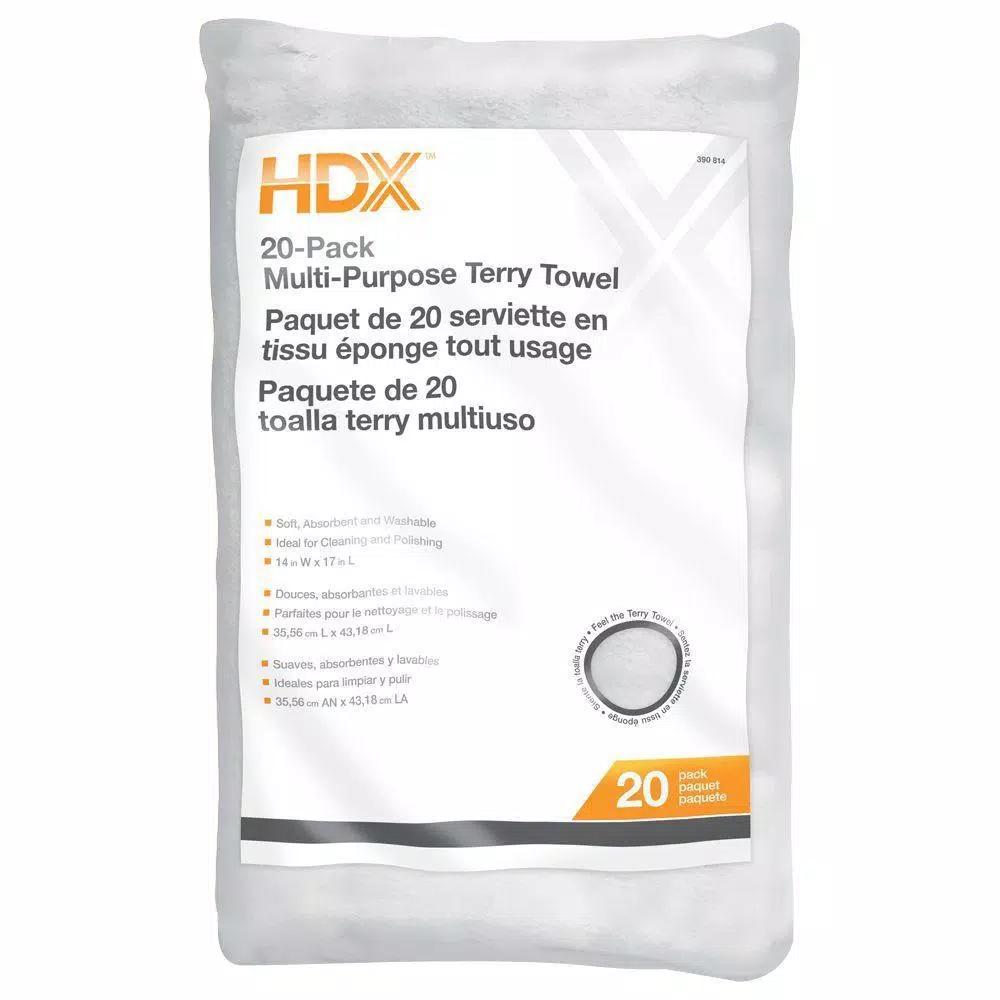 HDX Multi-Purpose Cotton Terry Cloth Towels, 14 in. x 17 in., White (20-Pack)
