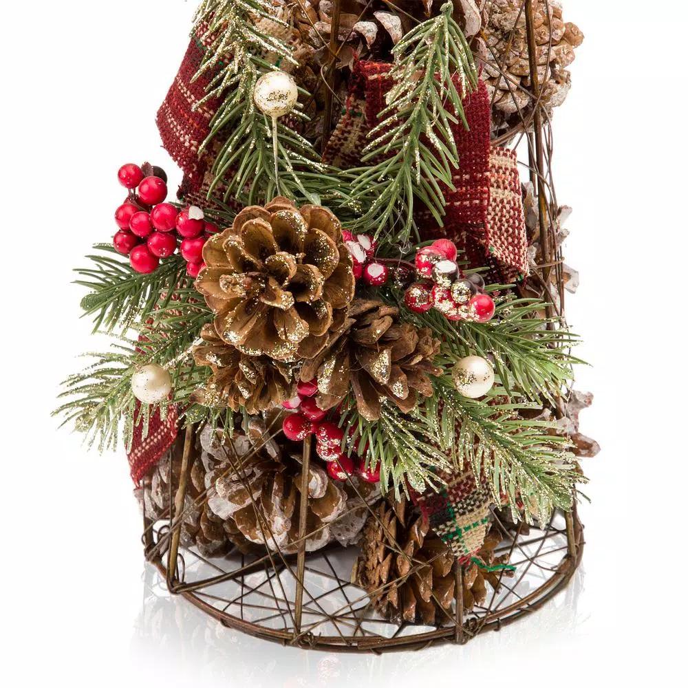 Alpine Corporation 20 in. Rustic Pinecone Christmas Tree Decor with Holly and Plaid Bow