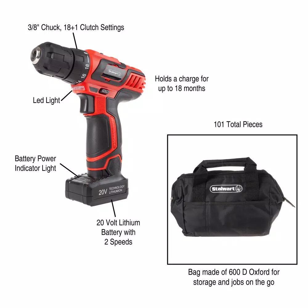 Stalwart 20V Lithium-Ion Cordless 3/8 in. Drill/Driver Kit with 122-Piece Accessory Set