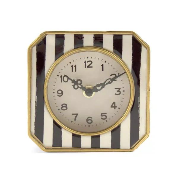 Zentique Black and White Striped Analog Desk Clock with Gold Trimmed Metal Frame