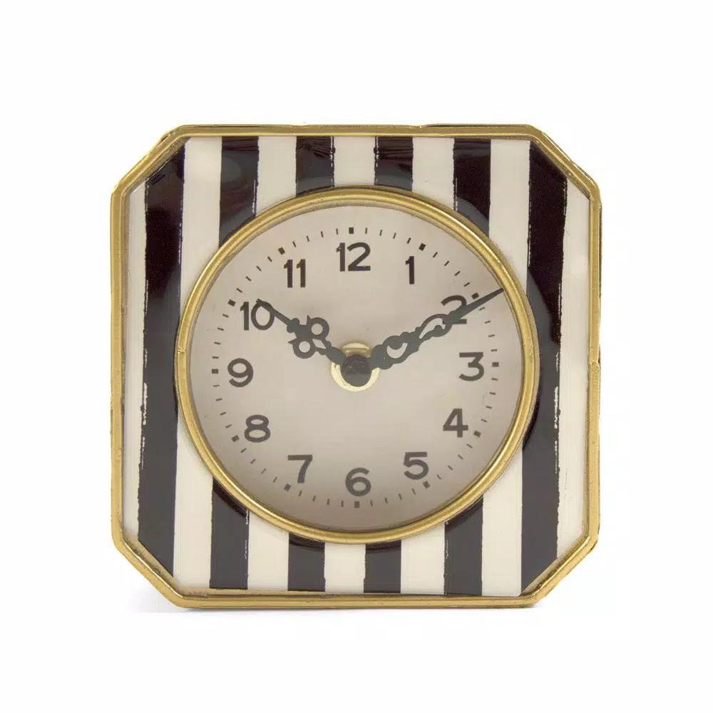 Zentique Black and White Striped Analog Desk Clock with Gold Trimmed Metal Frame