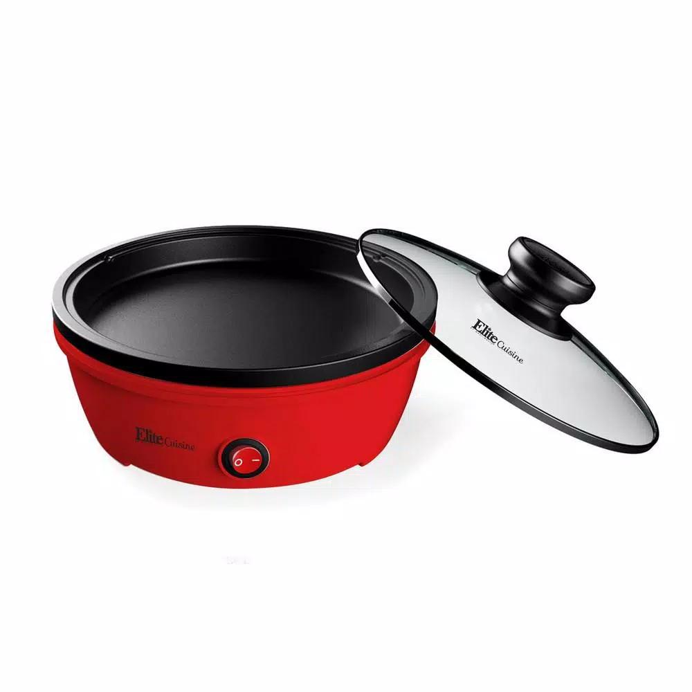 Elite Cuisine 8.5 in. Red Personal Electric Skillet with Tempered Glass Lid