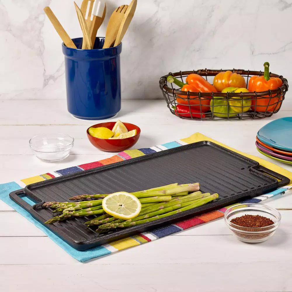 Basic Essentials 18 in. Cast Iron Rectangular Double Reversible Grill and Griddle, Pre-Seasoned Non-Stick