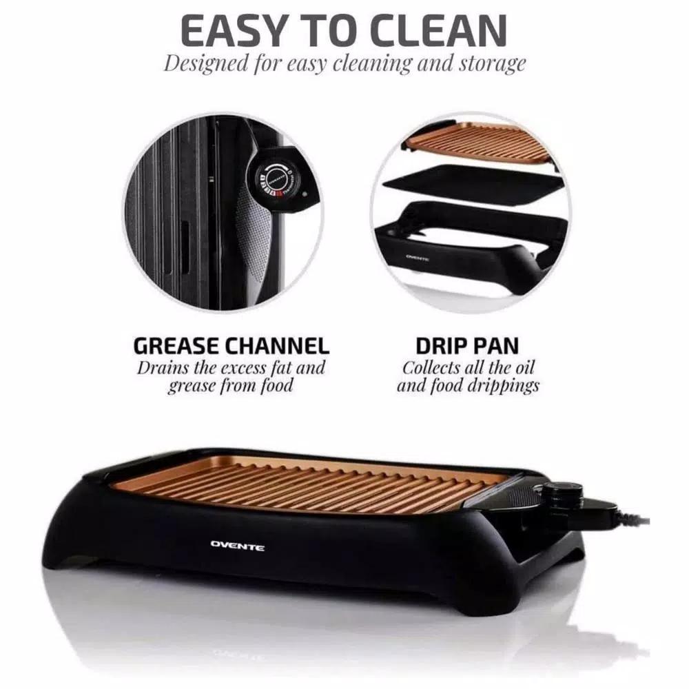 Ovente 1000W Portable Indoor Smokeless Grill, 13x10 inch Non-Stick Aluminum Grilling Plate, Copper