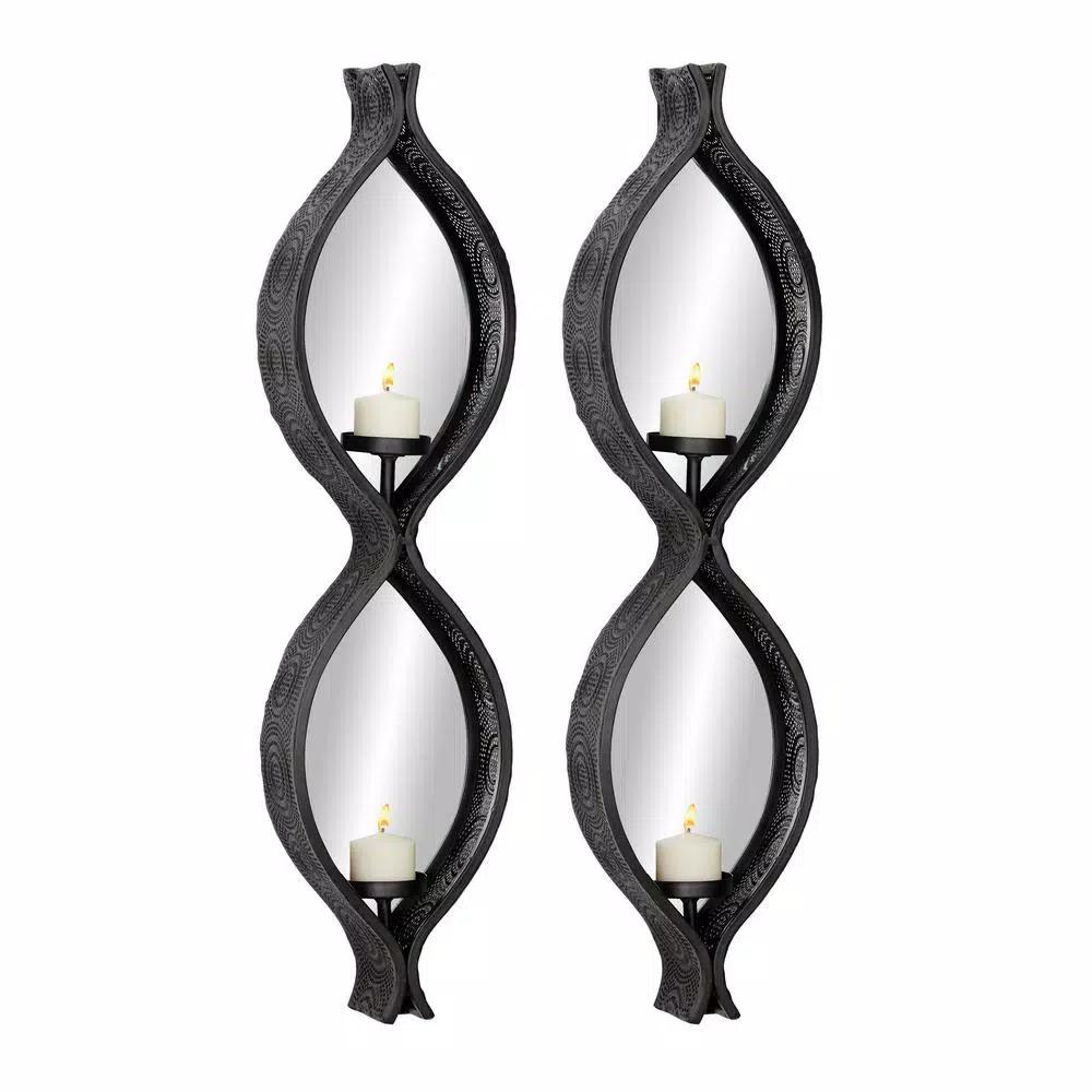 LITTON LANE Eclectic Figure Eight Black Metal Mesh Wall Sconces with Mirror Inlays, Set of 2