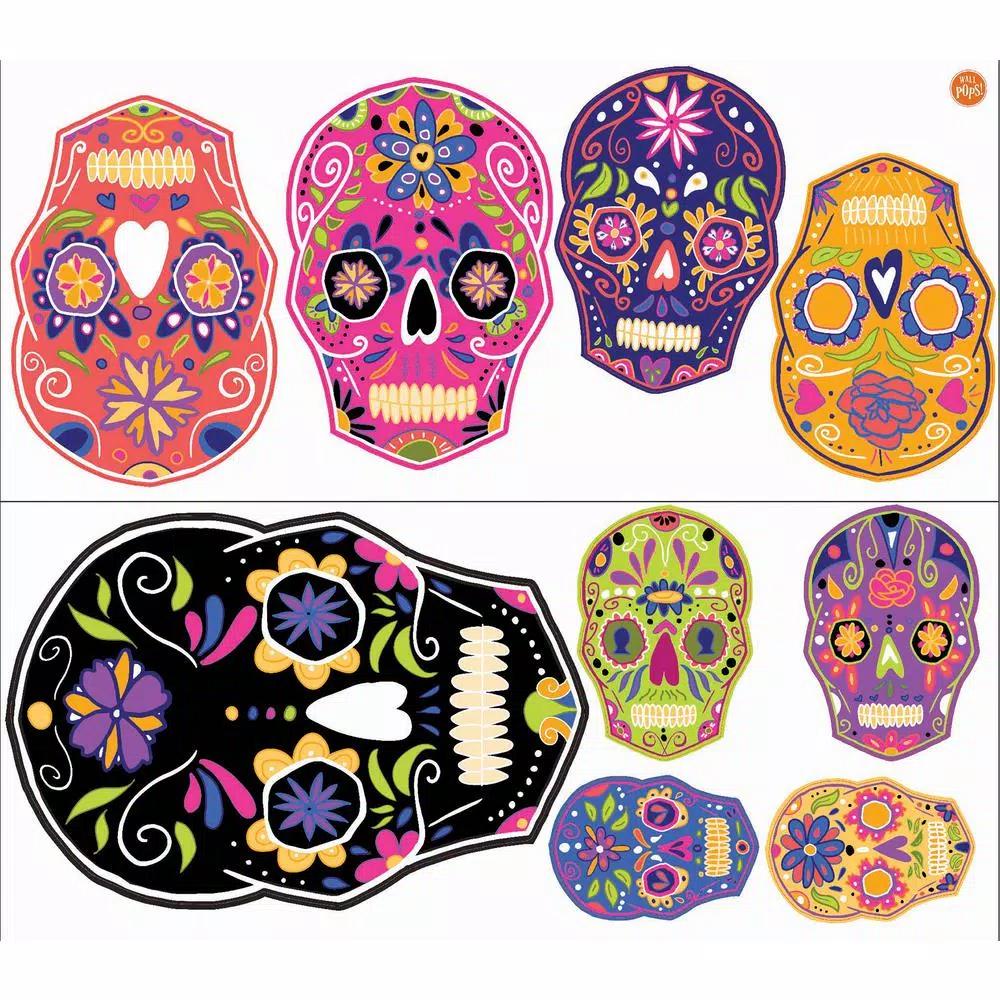 WallPops 39 in. x 34.5 in. Sugar Skull Wall Art Kit - 9 Piece Colorful Skeleton Decals