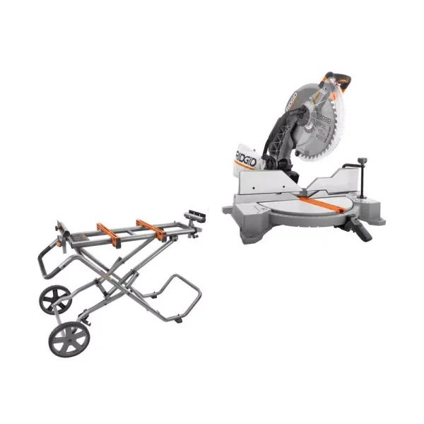 RIDGID 12 in. 15 Amp Dual Bevel Corded Miter Saw with LED and Universal Mobile Stand Kit