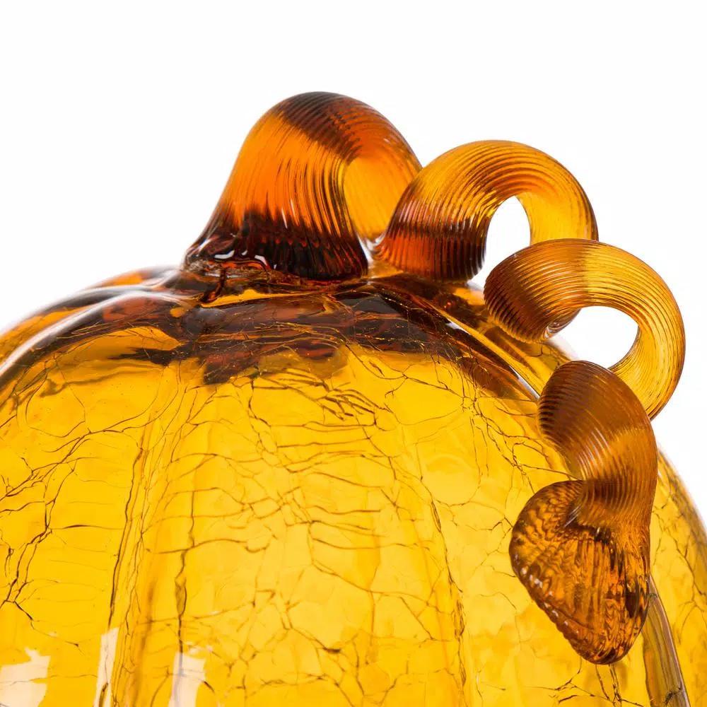 Glitzhome Amber Crackle Glass Pumpkin Set of 2, Handmade Indoor Tabletop Decor