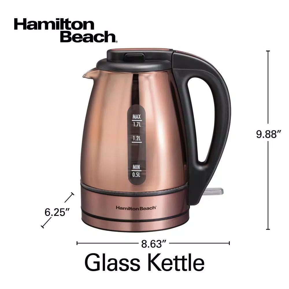 Hamilton Beach 1.7L Glass Electric Kettle with Copper Stainless Steel Base, 1500W Rapid Boil