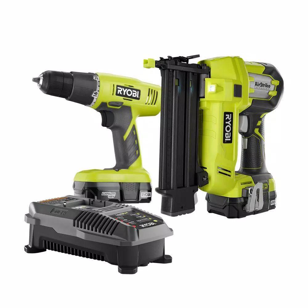 RYOBI 18V ONE+ Cordless 2-Tool Combo Kit with Drill/Driver and 18-Gauge Brad Nailer