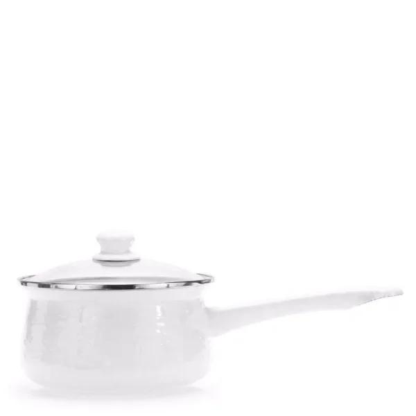 Golden Rabbit 1.25 qt. Porcelain-Coated Steel Sauce Pan with Glass Lid, Solid White