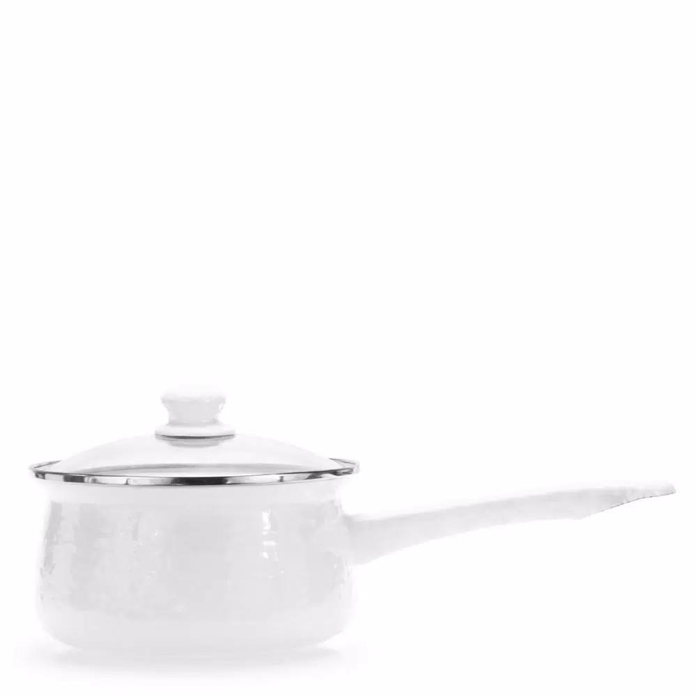 Golden Rabbit 1.25 qt. Porcelain-Coated Steel Sauce Pan with Glass Lid, Solid White