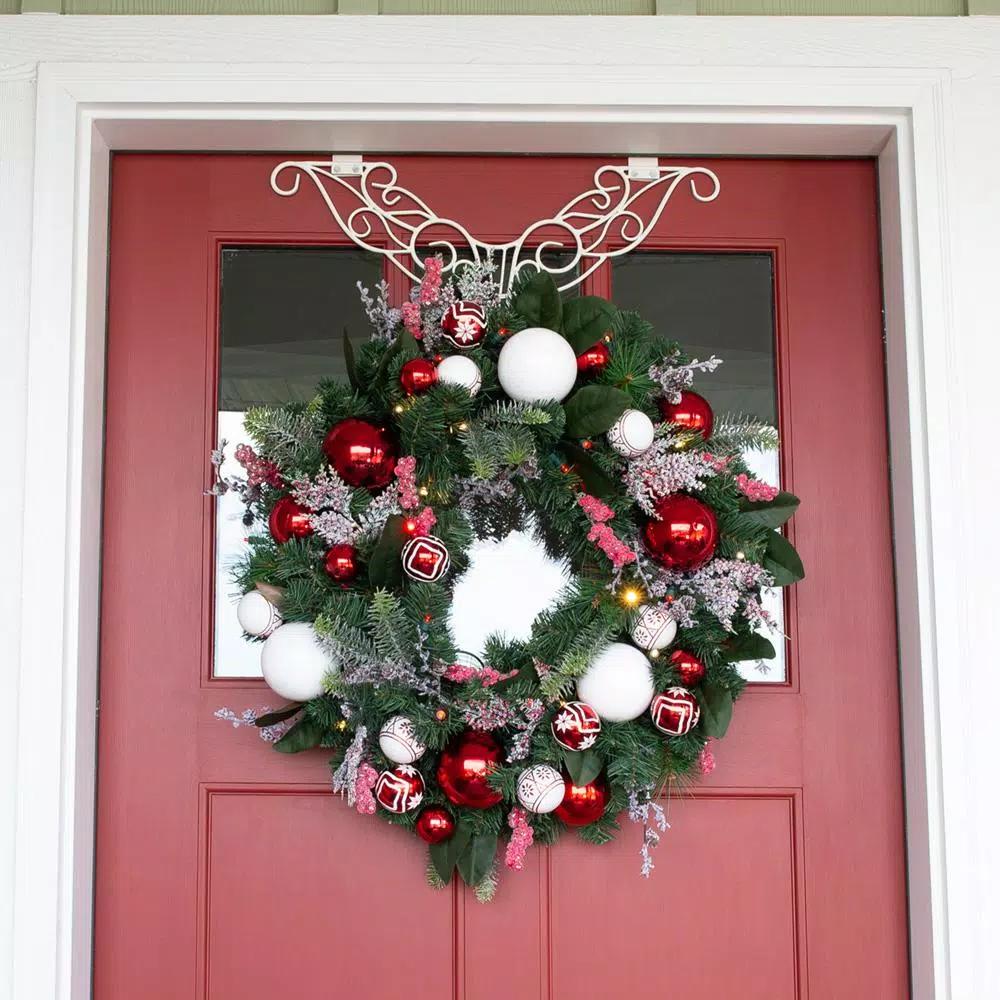 Village Lighting Company 30 in. Pre-Lit LED Nordic Red and White Christmas Wreath with Remote
