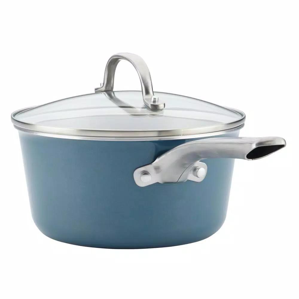 Ayesha Curry Home Collection 3-Quart Aluminum Nonstick Saucepan with Glass Lid, Twilight Teal