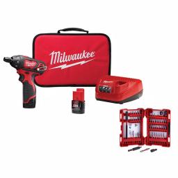 Milwaukee M12 12V Lithium-Ion Cordless 1/4 in. Hex Screwdriver Kit with 45-Piece SHOCKWAVE Bit Set thumbnail 1