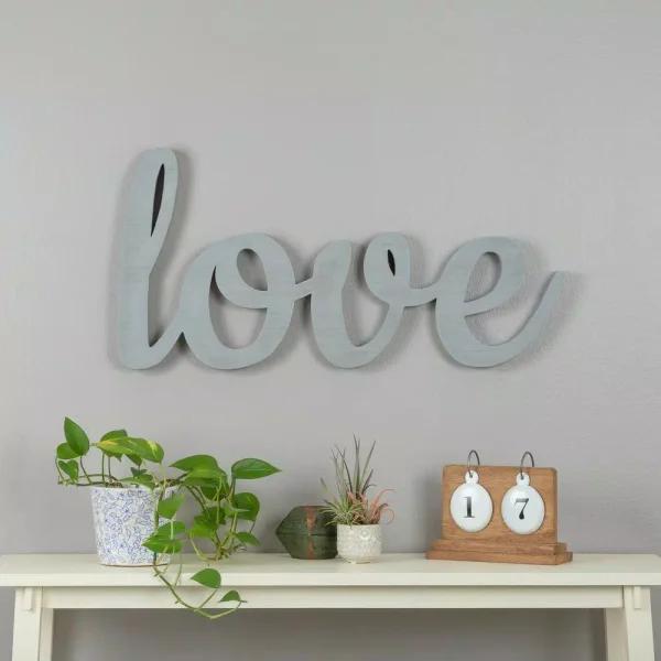 Pinnacle Love Grey Wood Decorative Sign - Handcrafted Rustic Farmhouse Script Wall Decor