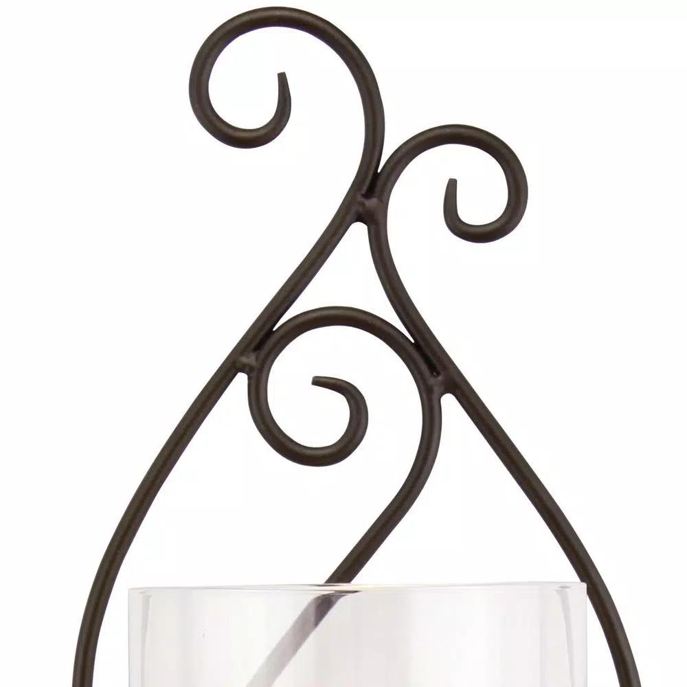 Stonebriar Collection Stonebriar Black Metal Scrolled Pillar Candle Sconce with Glass Cylinder