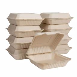 Unbranded 9 in. Natural Sugarcane Clamshell Containers, Eco-Friendly & Compostable (300 Pack) thumbnail 1