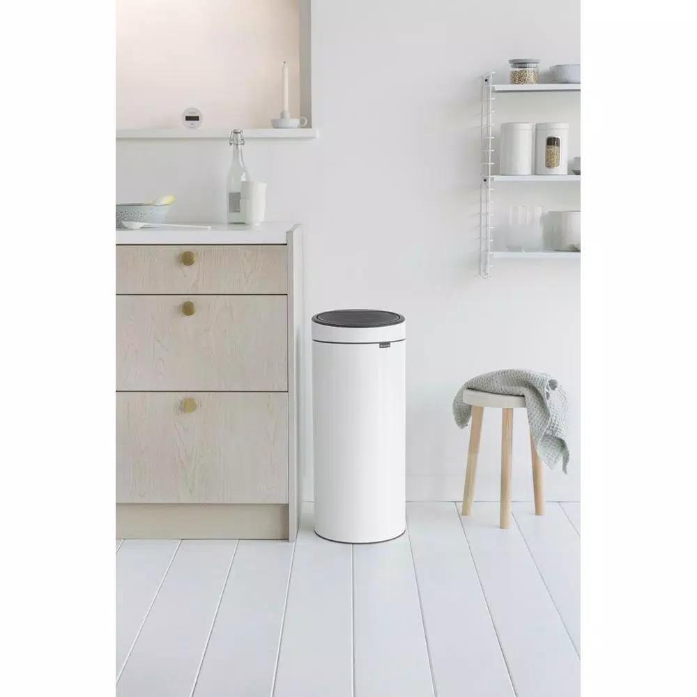Brabantia 8 Gallon Touch Top Trash Can in White - Round Steel Kitchen Waste Bin