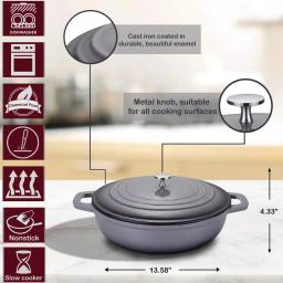 AMERCOOK LA PLURIEL 3 qt. Round Enameled Cast Iron Casserole Pan with Lid, Gray thumbnail 2