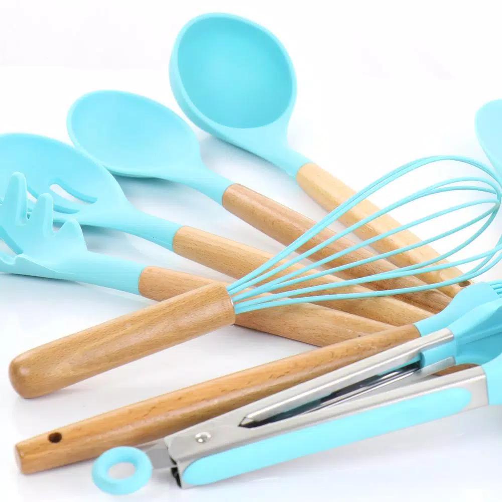 MegaChef 12-Piece Light Teal Silicone and Wood Kitchen Utensil Set