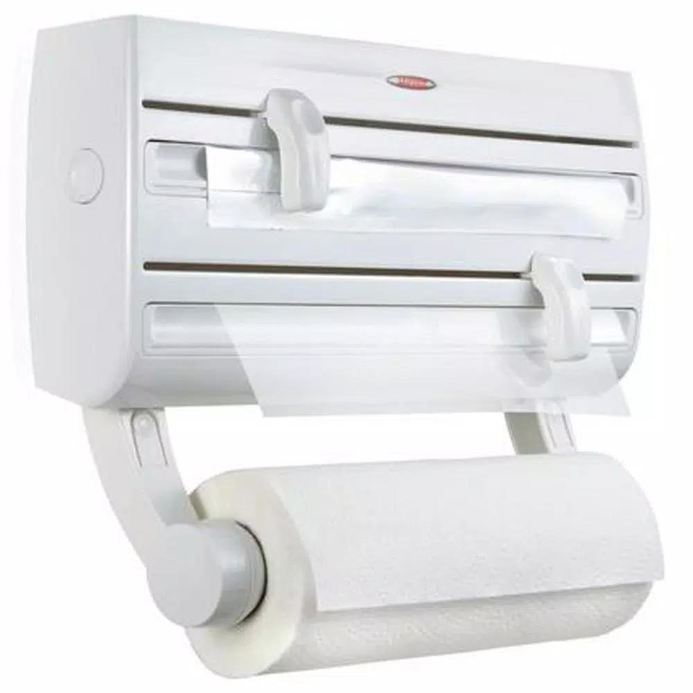 HOUSEHOLD ESSENTIALS Leifheit Wall Mount Paper Towel Holder with Spice Rack and Foil/Plastic Wrap Dispensers, White