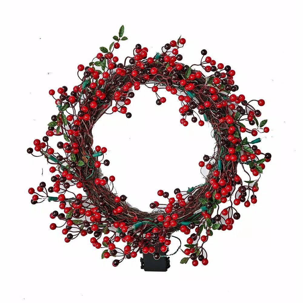 Worth Imports 18 in. Artificial Lighted Holiday Wreath with Poinsettias, Berries, and Timer