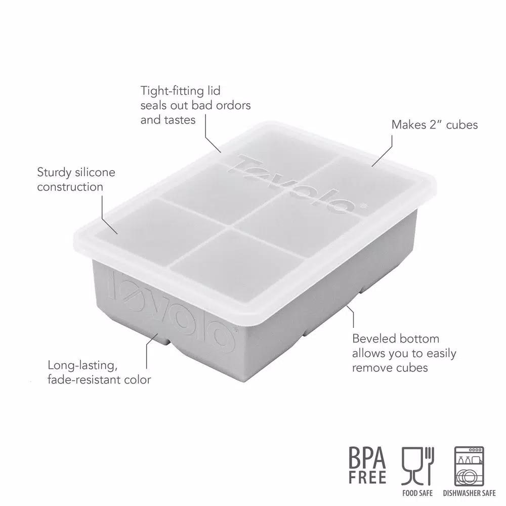 Tovolo King Cube Ice Mold Tray with Lid, 2 in. Large Silicone Cubes for Whiskey and Cocktails, Oyster Gray
