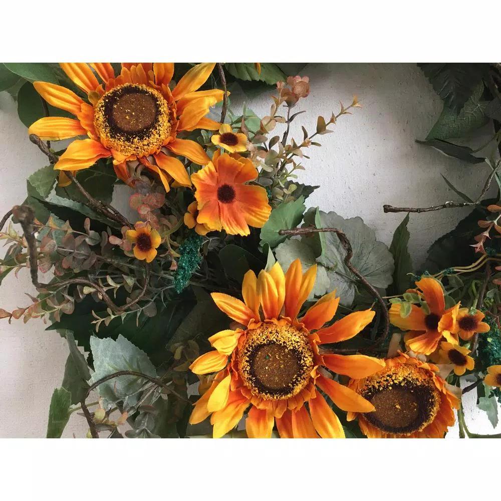 Glitzhome 24 in. Artificial Sunflower Wreath with Golden Orange Sunflowers and Green Silk Leaves