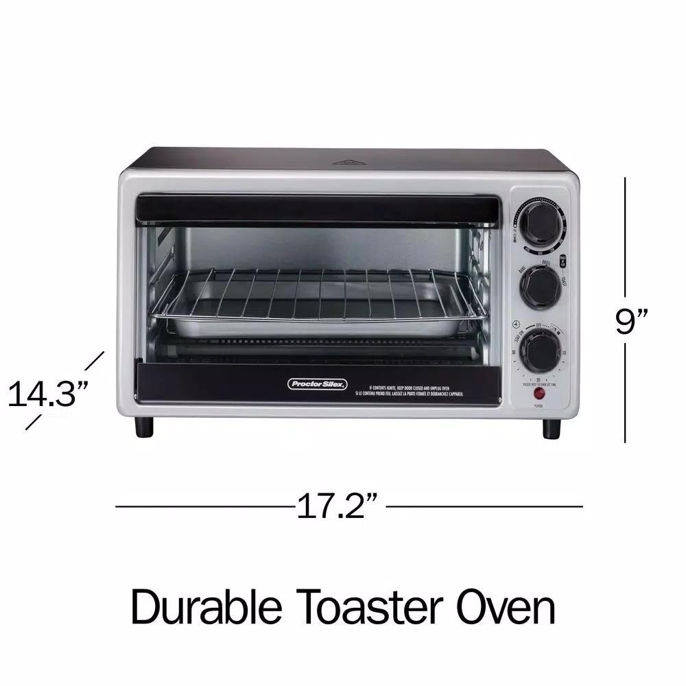 Proctor Silex 1500-Watt 6-Slice Silver Toaster Oven with Toast, Bake, and Broil Settings