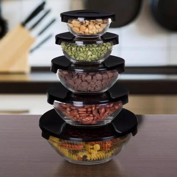 Chef Buddy 10-Piece Glass Bowl Set with Airtight Black Lids