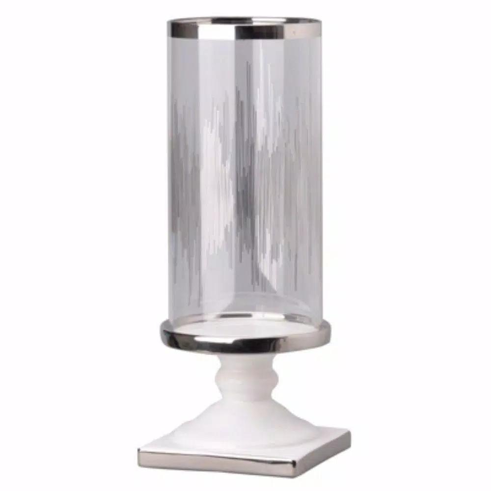 Benjara Admirably Modern Glass Pedestal Candle Holder with Silver Finish