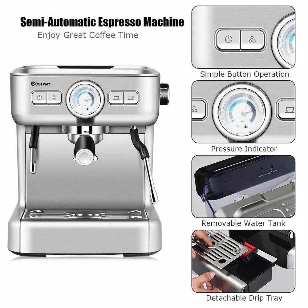 Costway Stainless Steel Semi-Auto Espresso Machine with Milk Frother Wand, 1500W Coffee Maker