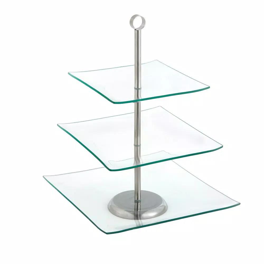 Chef Buddy 3-Tier Square Glass Cake Stand with Stainless Steel Base