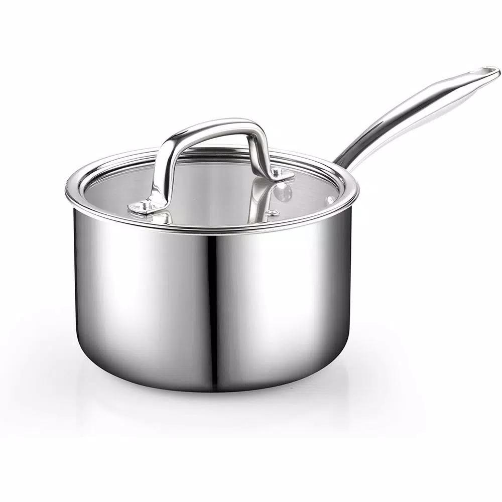Cook N Home 3 qt. Tri-Ply Clad Stainless Steel Sauce Pan with Tempered Glass Lid