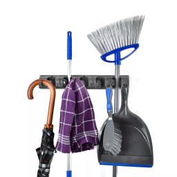 Alpine Industries 16 in. Wall Mounted Mop and Broom Holder with 5 Slots and 6 Retractable Hooks thumbnail 2