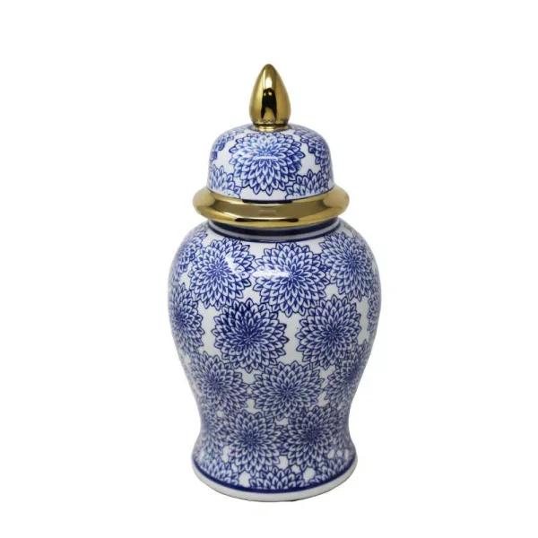 Benjara Blue and White Ceramic Temple Jar with Dahlia Flower Design and Gold Accents
