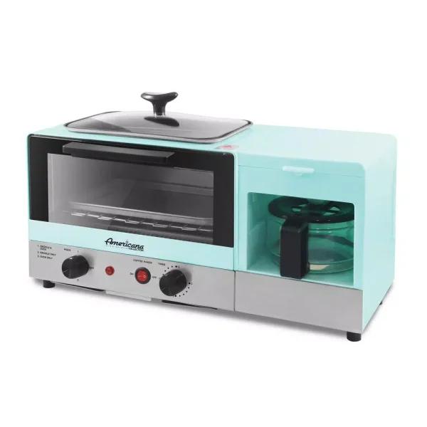 Americana 3-in-1 Breakfast Center - 2-Slice Toaster Oven, 4-Cup Coffee Maker & Griddle, Blue