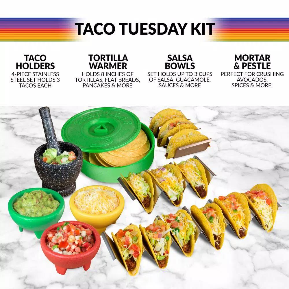 TACO TUESDAY 9-Piece Stainless Steel and Plastic Taco Kit with Tortilla Warmer, Salsa Bowls, Taco Holders, and Mortar and Pestle