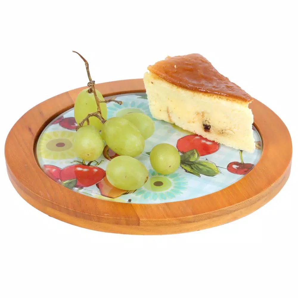 Creative Home 7.5 in. Round Tempered Glass Trivet Serving Board with Solid Wood Trim, Fruit Pattern