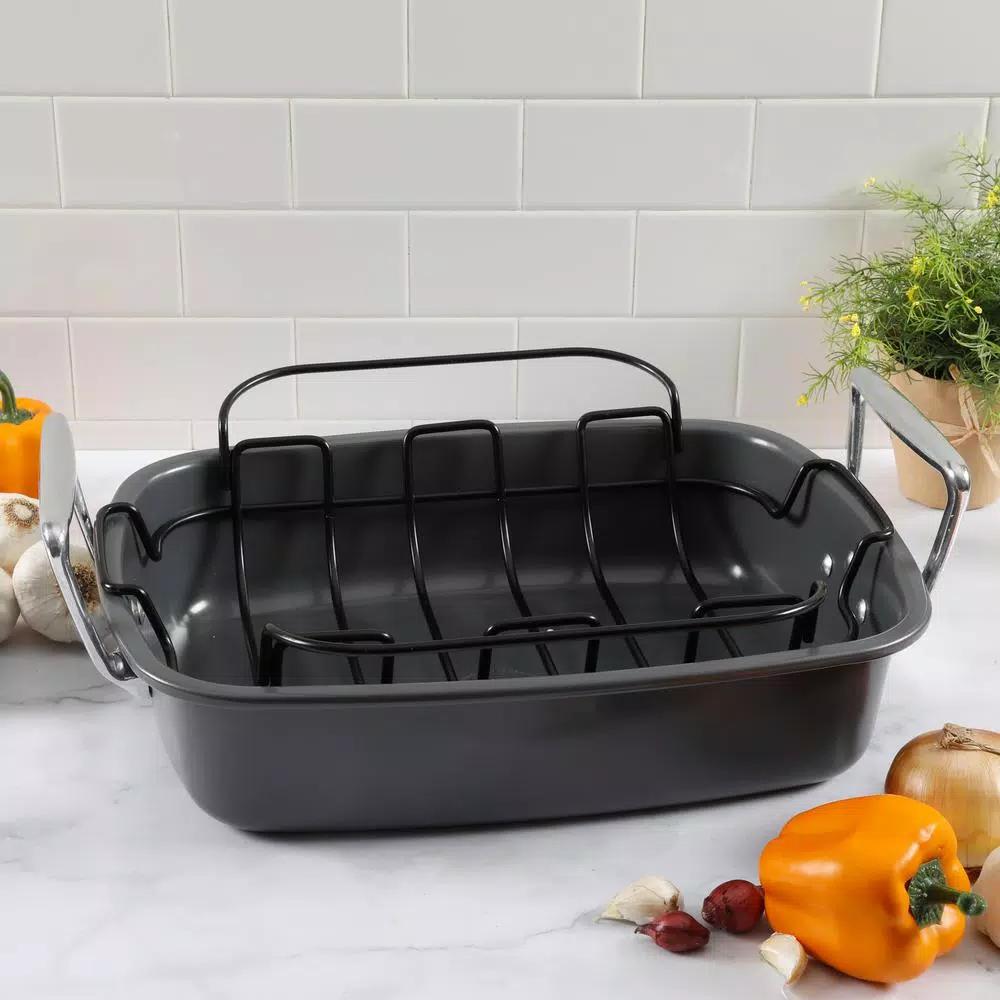 Kenmore Travers 2-Piece Non-Stick Steel Roasting Pan Set with Rack, 16.35 Qt, Gray