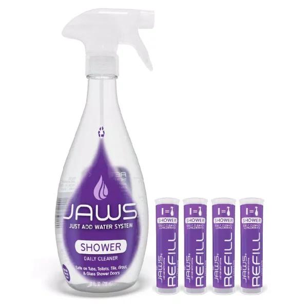 JAWS Daily Shower Cleaner - Non-Toxic Concentrated Refill Pods with Reusable Spray Bottle (4-Pack)