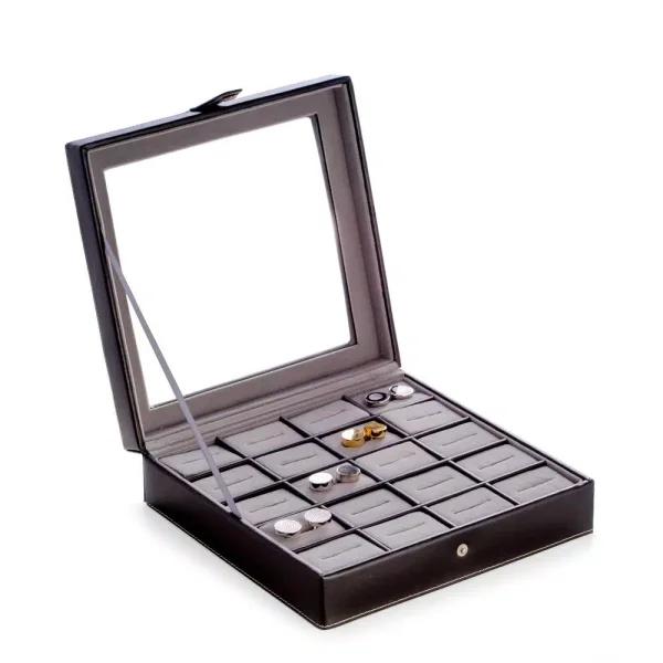 BEY-BERK Charles Glass Black Genuine Leather 20-Cufflink Storage Box with Glass Top