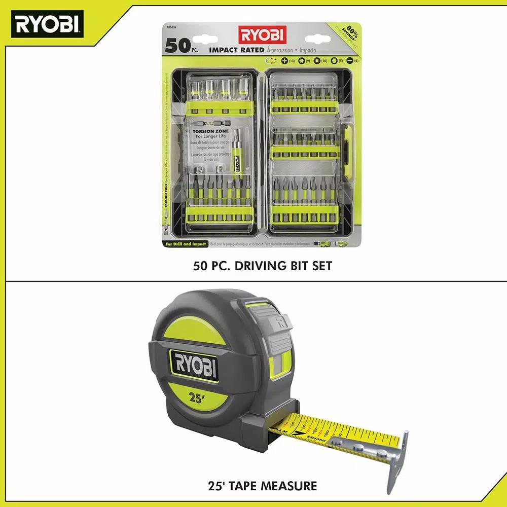 RYOBI 50-Piece Impact Rated Driving Bit Set with Bonus 25 ft. Tape Measure