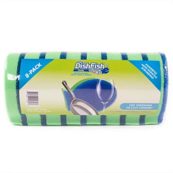 DishFish Dual Scrubber Sponge, Non-Scratch, Ergonomic Fish Shape, 8-Pack
