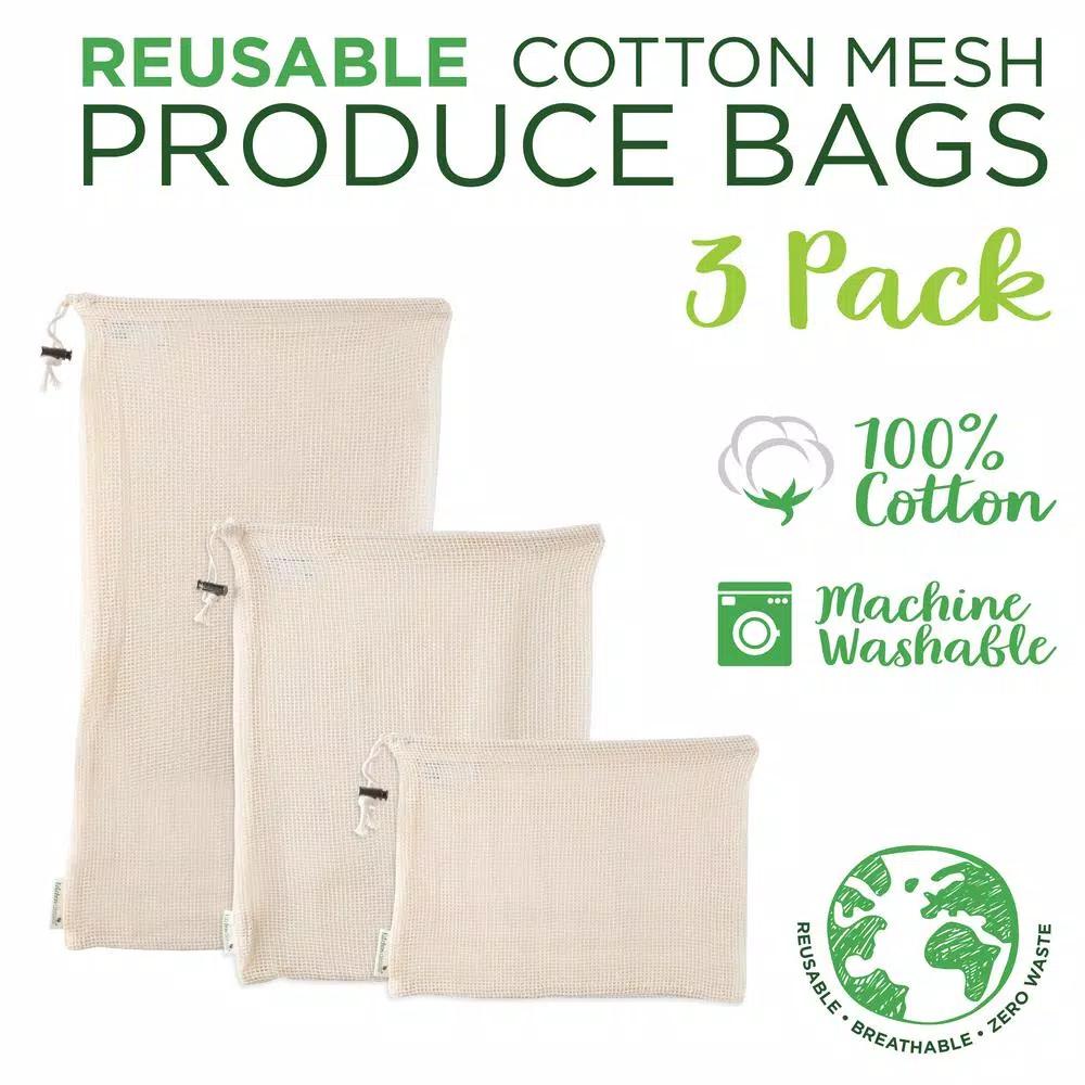 Kitchen Details Natural Cotton Eco Reusable Mesh Produce Bags, 3-Pack